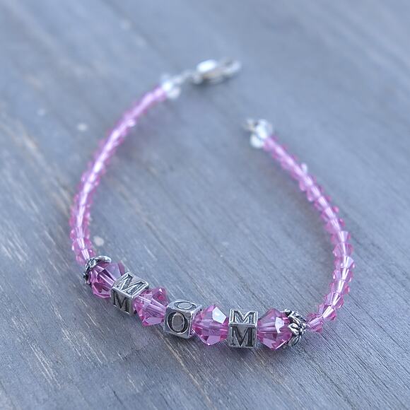Sterling Silver 925 Mom Bracelet Pink Crystal Beads Cube Letter Beads 7.5" - Picture 2 of 7